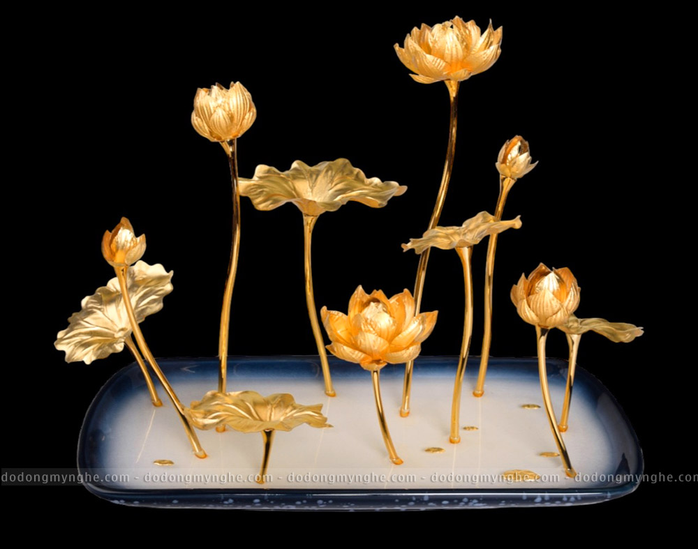 Chậu hoa sen mạ vàng 24k, hồ sen mô hình để bàn làm quà tặng đối tác